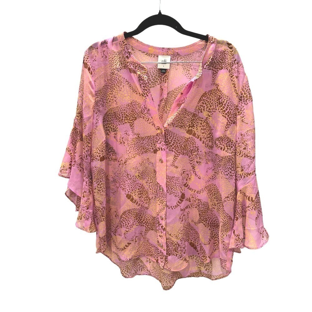 Cabi Sheer Pink Cheetah Print Long Sleeve Button Down Blouse Top Size L